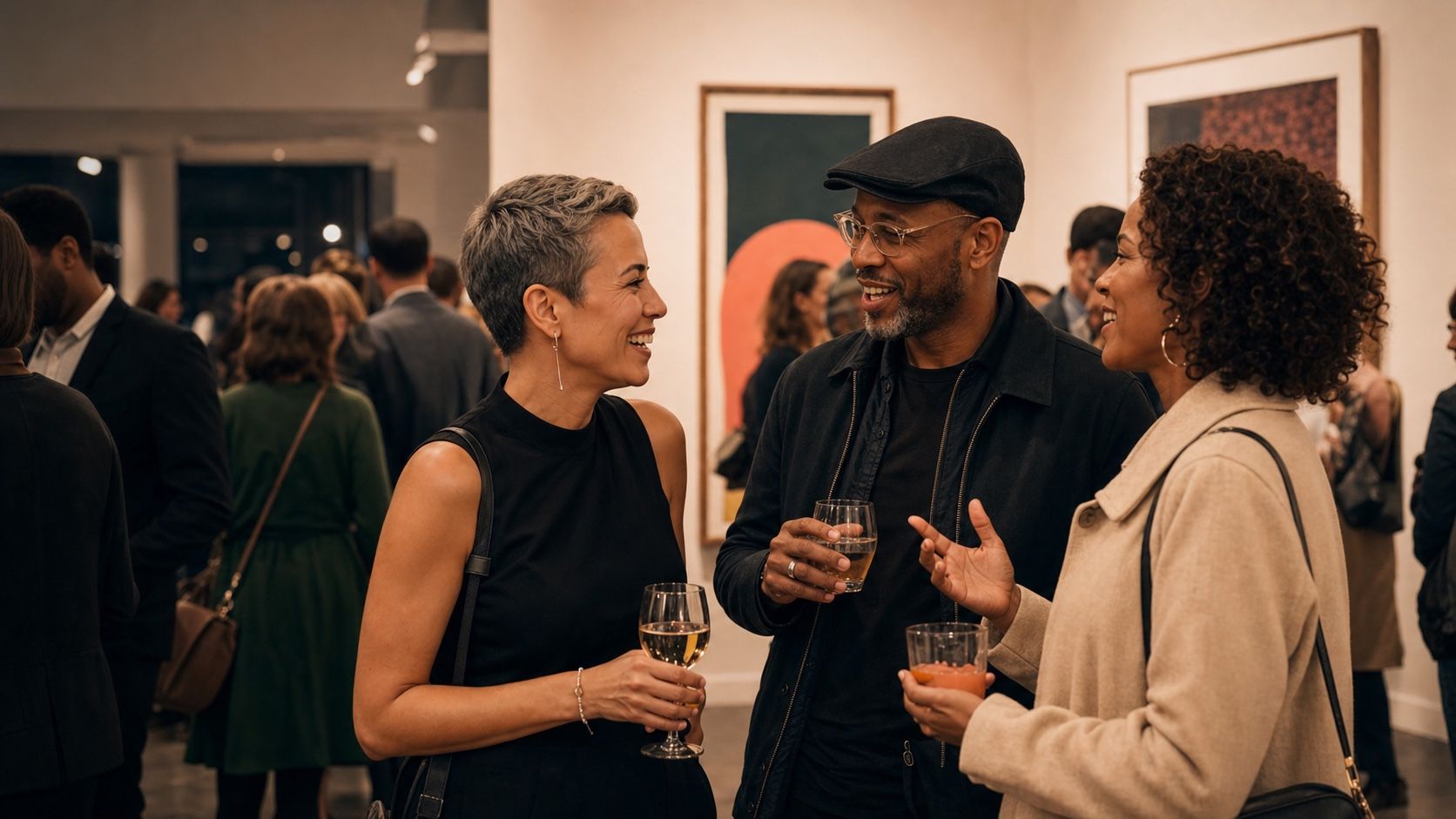 Friends talking at a childfree community gallery gathering