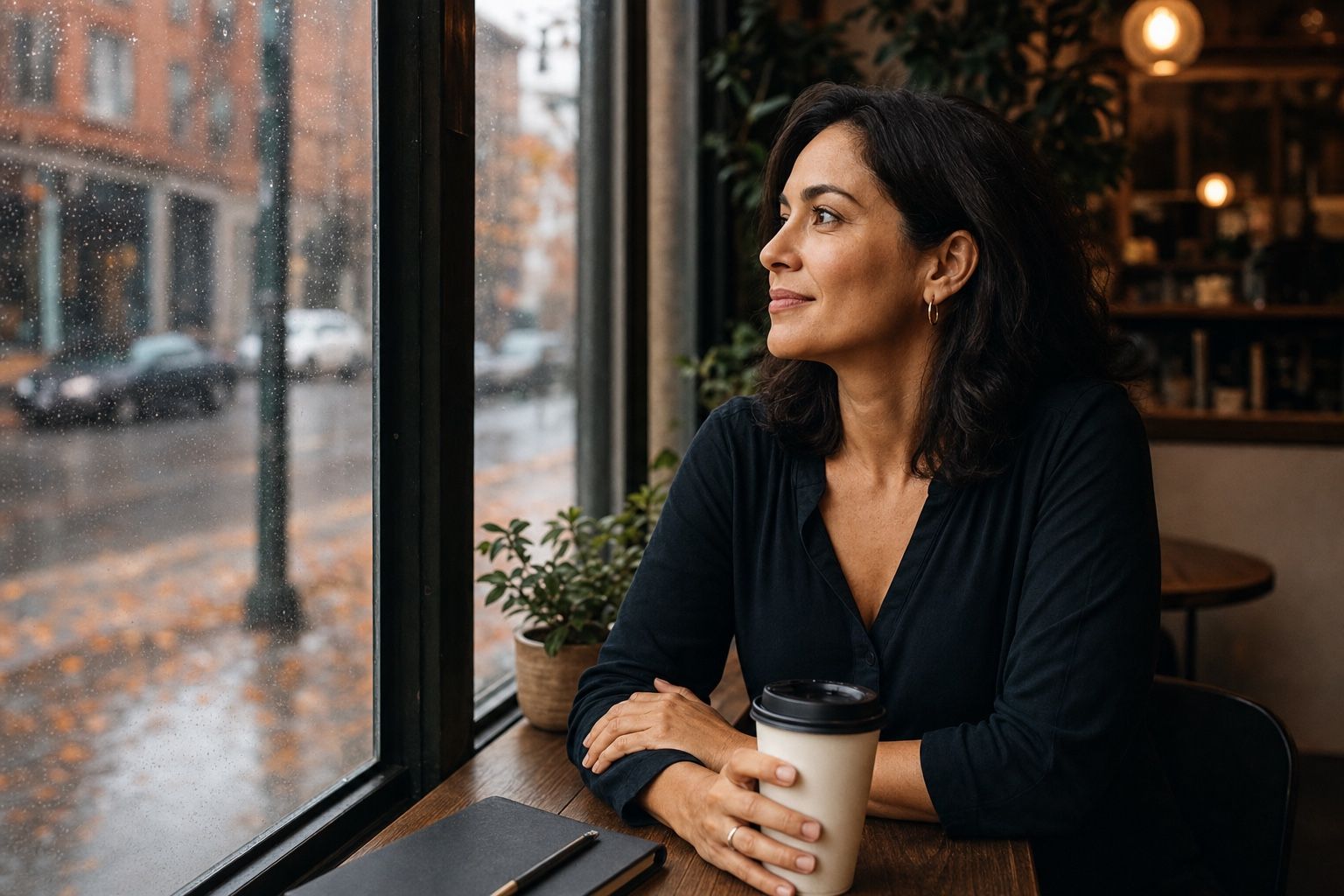 A confident woman sitting by a cafe window with coffee